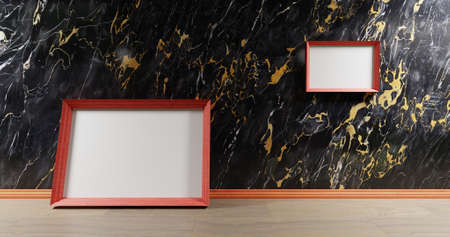 Blank White paper poster on black marble 3d illustrationの写真素材