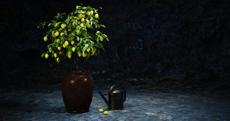 A pot of lemon and an old wateringの写真素材