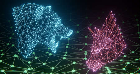 Bear vs Bull glowing wireframe 3d-rendering illustrationの写真素材