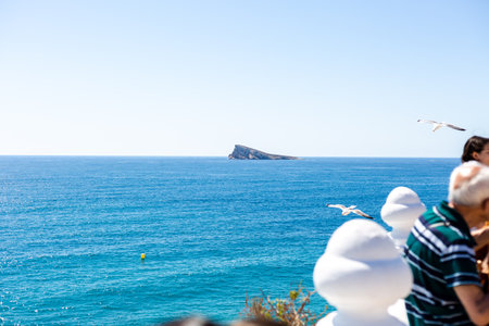 Seagulls and white snowman on the background of the sea