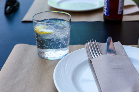 Glass of water with ice cubes and lemon on a wooden table.の写真素材