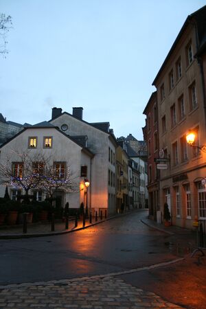 A street in Luxembourg after sunsetの写真素材