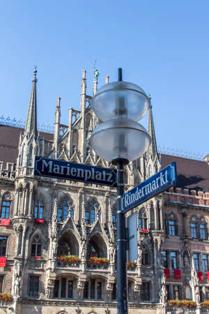 Marienplatz also called Mary's Square is one of the most vital places in Munich with the new city hall and numerous cafes and shopsの写真素材
