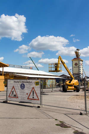 Building works in preparation of the Oktoberfest 2015 with the buildup of the famous beer tents,...