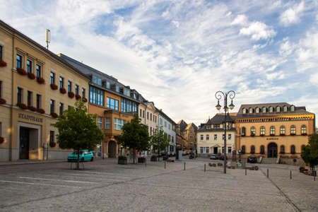 Town hall, a fountain and other bulidings at the marketplace of smelling Vogtlandのeditorial素材