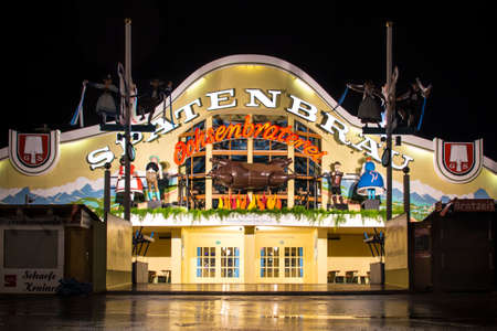 Nightshot of the Ochsenbraterei tent on Theresienwiese during Oktoberfestのeditorial素材