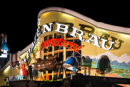 Nightshot of the Ochsenbraterei tent on Theresienwiese during Oktoberfestのeditorial素材
