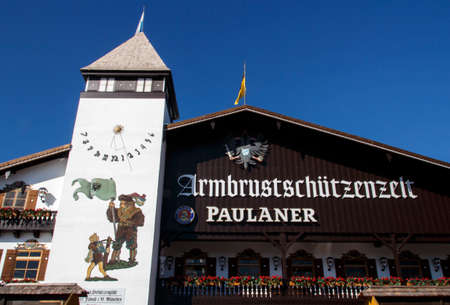 Facade of the Armbrustschuetzenzelt with the balcony and beautiful paintingsのeditorial素材