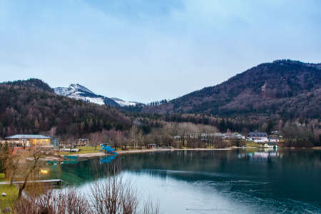The Fuschlsee during winter season with it's beautiful surrounding landscapeの写真素材