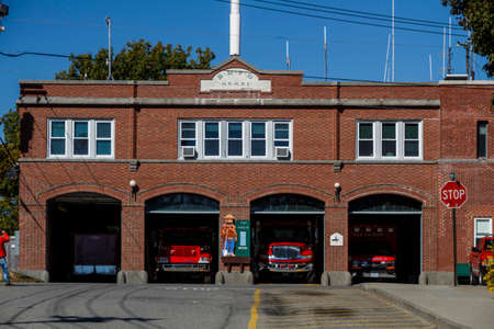 Fire department in Bar Harbor (Maine, USA) with open doors and the fire trucks insideのeditorial素材