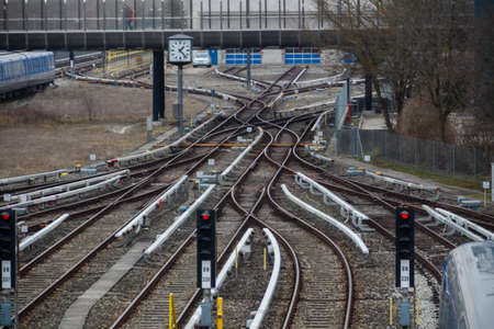 Rail tracks in Froettmaning (Munich) with several switchesの写真素材