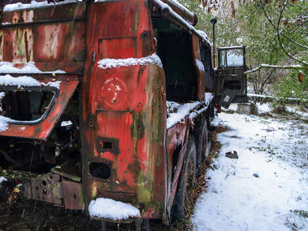 Old vehicle of the fire brigade in the Chernobyl Exclusion Zone that was disposed after the nuclear disasterの写真素材