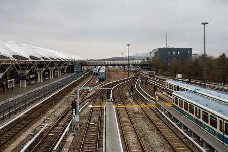 Trains at the subway station Froettmaning in the North of Munich close to the football stadiumのeditorial素材