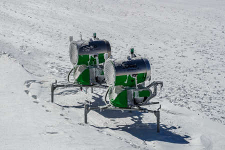 Snow-making equipment (two snow guns) to increase the density of snow on the slopes of the Hintertuxer Glacier (Tuxer Ferner) in Tyrol, Austriaのeditorial素材