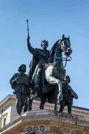 The monument Reiterdenkmal of King Ludwig I of Bavaria is located at the Odeosplatz in Munichの写真素材