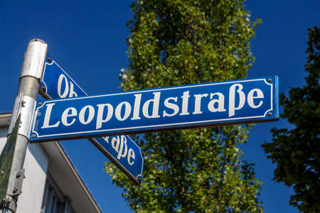 Street sign of the LeopoldstraÃe in Munich, a famous street did leads to the Victory Gateの写真素材