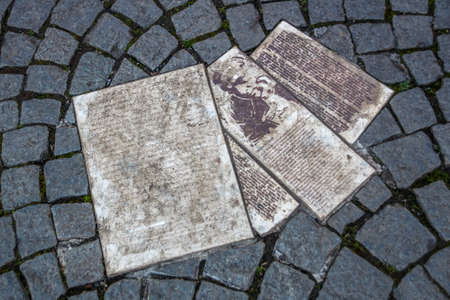 White Rose memorial with leaflets in front of the main building of the Ludwig Maximilians University in Munich to remember the student group White Rose that formed an active opposition against the Nazi regimeのeditorial素材