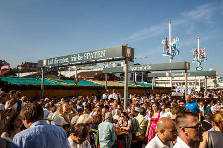Munich, Germany - September 24, 2016: Outside the Ochsenbraterei beer tent with unidentified people celebrating Octoberfest in the beer gardenのeditorial素材