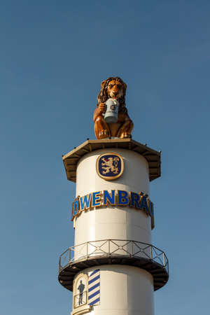 Munich, Germany - September 24, 2016: Famous tower of the Loewenbraeu beer tent with the lion sculpture on topのeditorial素材