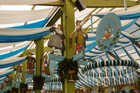 Munich, Germany - September 24, 2016: Inside the Ochsenbraterei beer tent at Oktoberfest with the beautiful decorationのeditorial素材