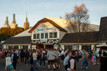 Munich, Germany - September 24, 2016: Fischer Vroni tent on the Theresienwiese during Oktoberfest with people standing in frontのeditorial素材