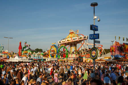 Munich, Germany - September 24, 2016: Main street on Theresienwiese fairground with large beer tents and sales stallsのeditorial素材