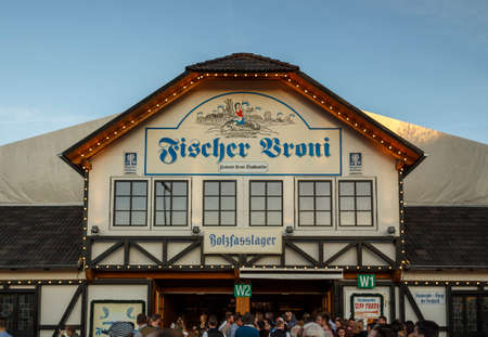 Munich, Germany - September 24, 2016: Fischer Vroni tent on the Theresienwiese during Oktoberfest with people standing in frontのeditorial素材