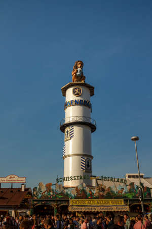 Munich, Germany - September 24, 2016: Famous tower of the Loewenbraeu beer tent with the lion sculpture on topのeditorial素材