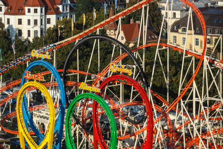 Munich, Germany - September 24, 2016: The Olympia Looping rollercoaster at Oktoberfest is a famous fun ride and attracts many peopleのeditorial素材