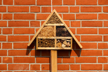 Storage of small wood pieces in front of a brick buildingの写真素材