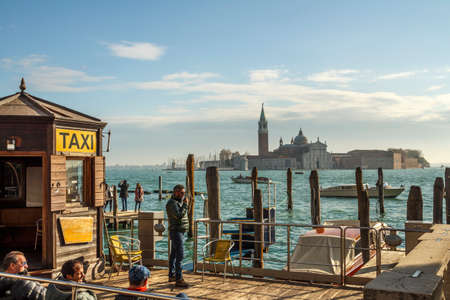 Venice, Italy - November 12, 2016: View on San Giorgio Maggiore island in Venice with a landing stage in frontのeditorial素材