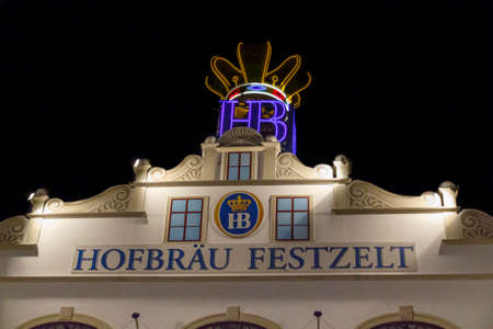 Munich, Germany - September 26, 2015: Nightshot of the Hofbraeu Festzelt on Theresienwiese during Oktoberfestのeditorial素材