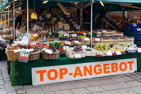 Munich, Germany - September 26, 2015: Sales stall with fresh fruits at Viktualienmarkt in Munich, the Viktualienmarkt is a typical farmer's marketのeditorial素材