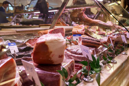 Munich, Germany - September 26, 2015: Meat counter in the Alois Dallmayr Coffee and Food Store located near Marienplatz in Munichのeditorial素材