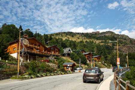 Huez, France - August 19, 2019: Ascent of the famous climb to L'Alpe d'Huez and itinerary of the Tour de France, pictured is the village of Huezのeditorial素材