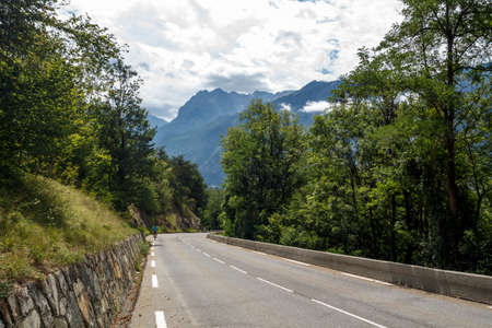 L'Alpe d'Huez, France - August 19, 2019: Ascent of the famous climb to L'Alpe d'Huez and itinerary of the Tour de Franceのeditorial素材