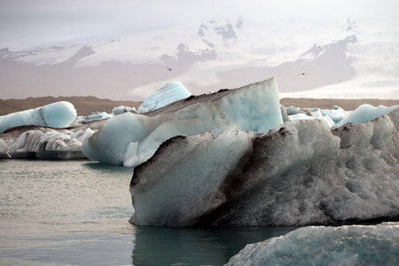 dirty ice floes floating in glacier lagoon