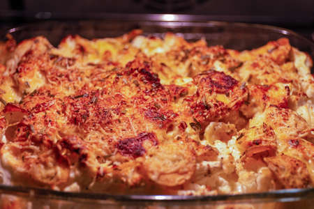 potato cauliflower cheese in baking dish