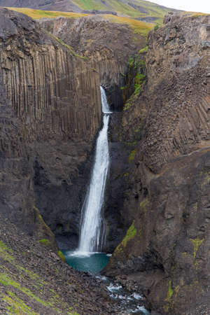 basalt structures and filigree waterfallの写真素材