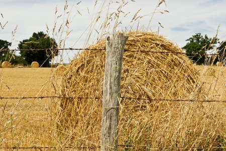 A euro style hay bale close to a barbed wire fence in rural Franceの写真素材