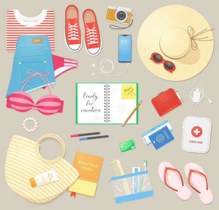 Women's things for summer travel. A set of the most necessary items for a vacation, for a trip to the sea, for a beach holiday. Colorful vector illustration in cartoon style.のイラスト素材