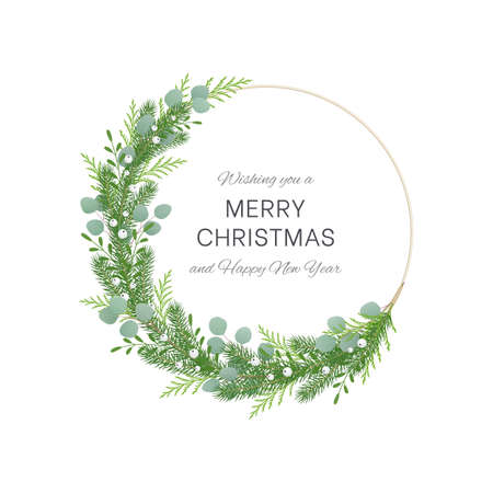 Christmas spruce wreath with eucalyptus branches, thuja and mistletoe berries. Isolated on a white background. For festive decoration of cards, invitations, posters, banners, social media posts.のイラスト素材
