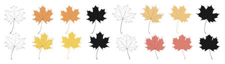 Set of autumn maple leaves isolated on white background. Flat style, outline, silhouette. Vector elements for design.のイラスト素材