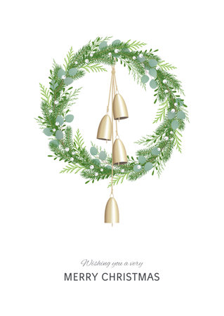 Christmas wreath with greenery, berries and golden bells hanging on rustic rope. Festive decoration in Scandinavian style. Greeting card.のイラスト素材
