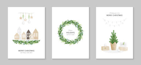Set of greeting cards Merry Christmas and Happy New Year in Scandinavian style. Wooden houses, a festive wreath with greenery, a small pine tree wrapped in craft paper, gifts.のイラスト素材