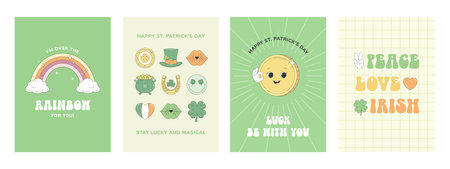 St. Patrick's Day greeting cards with holiday symbols. Leprechaun hat, pot of gold, horseshoe, shamrock, gold coin, rainbow. Retro groovy style.のイラスト素材