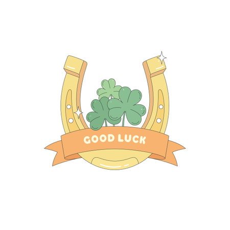Golden horseshoe with clover leaves and ribbon with good luck wish.のイラスト素材