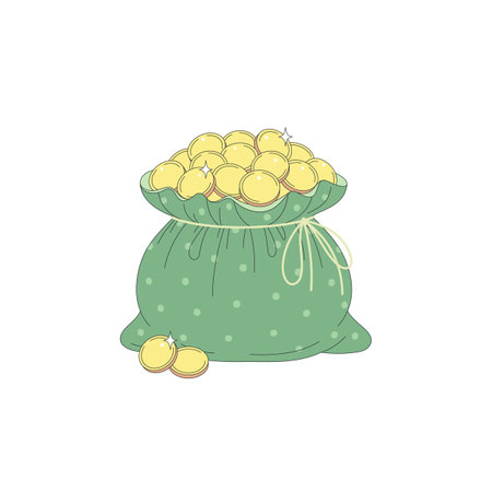 Green cloth bag full of gold coins tied with a rope. Sack of treasure.のイラスト素材