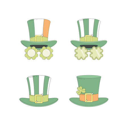 Set of leprechaun hats with gold buckle. Tall hat with stripes, clover, Irish flag colors. Shamrock party glasses. St Patricks Day accessoriesのイラスト素材