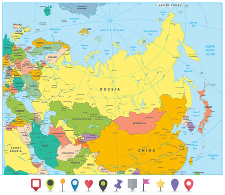 Eurasia political map and flat map pointers. Highly detailed vector illustration of map.の写真素材